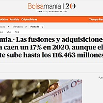 Las fusiones y adquisiciones en Espaa caen un 17% en 2020, aunque el importe sube hasta los 116.463 millones
